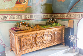 Reliquary with part of relic of St. Ilya Muromets at the Spaso-Preobrazhensky Monastery. Inscription in ancient russian: Death of St. Elijah of Muromets