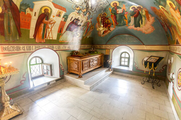 Reliquary with part of relic of St. Ilya Muromets at the Spaso-Preobrazhensky Monastery. Inscription in ancient russian: Death of St. Elijah of Muromets