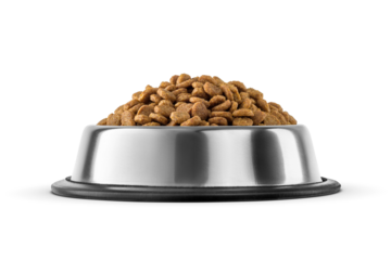 Dry extruded cat or dog food in a steel bowl isolated. Transparent PNG image.