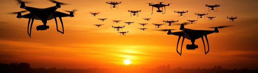 Obraz premium Drones flying at sunset over a city skyline.