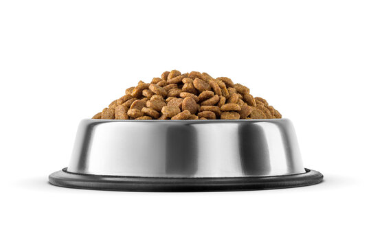 Dry extruded cat or dog food in a steel bowl isolated. Transparent PNG image.