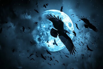 Fototapeta premium Flock of birds flying in the night sky with full moon.