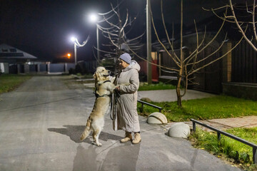 Senior woman in a winter coat interacts warmly with her Golden Retriever during a nighttime walk on...
