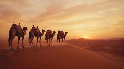 Desert sunset journey camels traverse sand dunes arabian desert photography serene landscape wide angle adventure