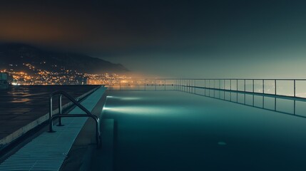 Obraz premium A serene infinity pool at night, reflecting city lights and surrounded by calm waters, evoking a sense of tranquility and luxury.