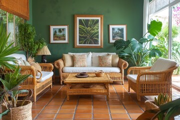 Obraz premium Tropical-Inspired Living Room with Natural Rattan Furniture, Green Wall, Terracotta Floors, Organic Textiles, Relaxing Vibe