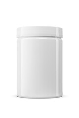 Plastic jar for protein, washing powder, cosmetics or medicals isolated. Transparent PNG image.