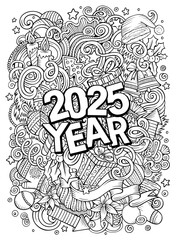 2025 doodles illustration. New Year objects and elements design. Line art cartoon holidays funny background