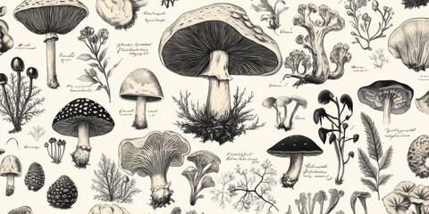 Vintage botanical illustration of various mushrooms with handwritten labels, classic aesthetic,