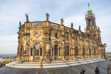 Fototapeta premium View of roof and tower in historic centre of Dresden, Germany