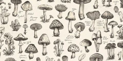 Vintage botanical illustration of various mushrooms with handwritten labels, classic aesthetic,