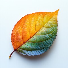 Obraz premium Vivid gradient leaf showcasing autumn hues from yellow to blue on a white background, perfect for nature, seasonal, and artistic concepts.