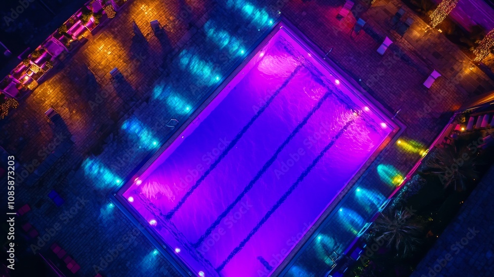 Poster a vibrant aerial view of a swimming pool illuminated with colorful lights at night, creating a stunn