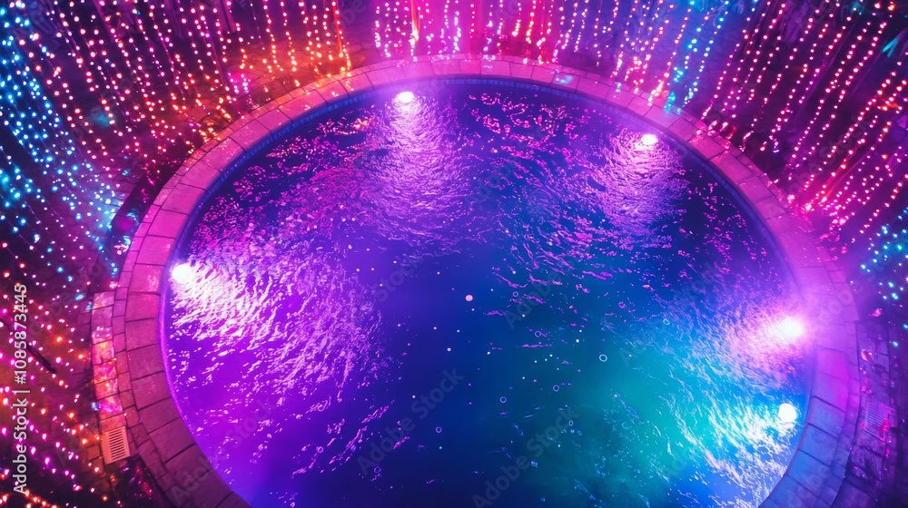 Poster a vibrant circular pool illuminated by colorful lights, creating a mesmerizing atmosphere that refle