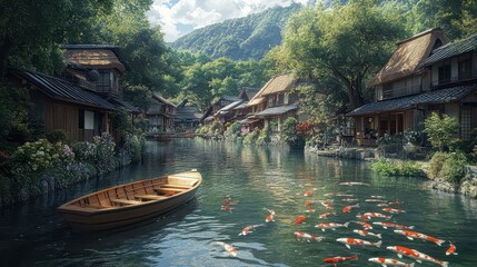 Serene Japanese Village Canal Koi Fish Boats