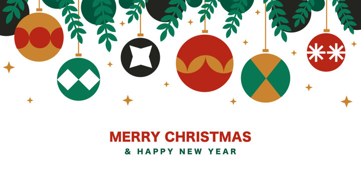 Fototapeta Modern Christmas Banner in Bauhaus Style, Minimalist Decorations with Tree Branches