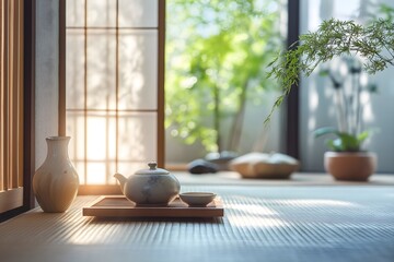 Traditional Japanese Tea Room with Shoji Screens, Tatami Flooring, Tea Set on Wooden Tray, Serene Ambiance