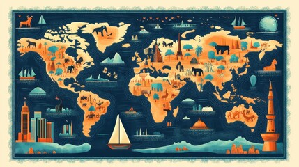 Illustrated World Map Depicting Landmarks and Animals