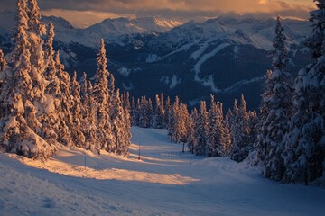 Sunset over winter ski slope  a scenic view of snow covered trees and serene landscape
