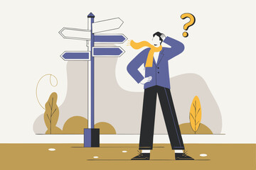 person standing near signpost with question mark vector illustration.
