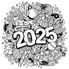 2025 doodles illustration. New Year objects and elements design. Creative cartoon holidays funny background
