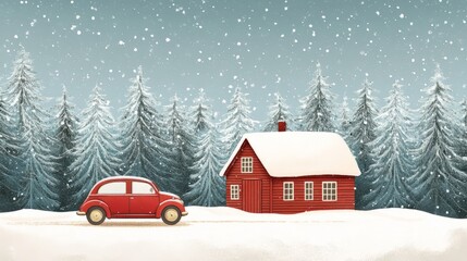 Fototapeta premium flat minimalistic illustration retro small car riding towards the red wooden cabin between snowy trees , cozy christmas vibes