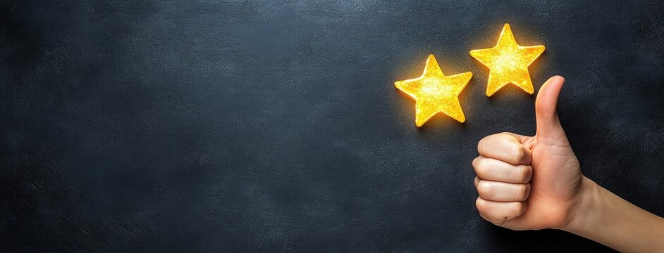 A glowing hand shows a thumbs-up with five stars against a dark backdrop, inviting positivity and excitement for new beginnings