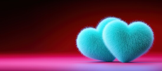 Two turquoise plush fluffy Valentine hearts against a vibrant pink and red gradient background, with ample copy space, ideal for Valentine’s day designs and banners.