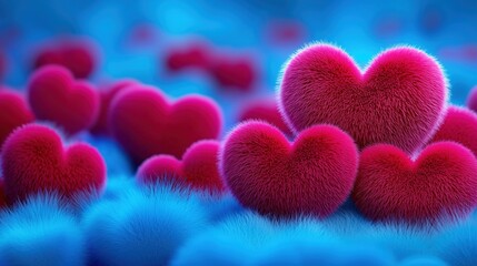 Obraz premium Vibrant fuzzy red hearts on a soft blue background, creating a dreamy and romantic atmosphere. Perfect for Valentine's Day or love-themed concepts.