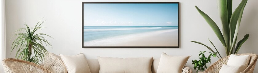 Modern living room with beach artwork.