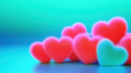 A group of fluffy pink and teal Valentine hearts with plush textures on a turquoise gradient background. Valentine’s Day and romance concept.