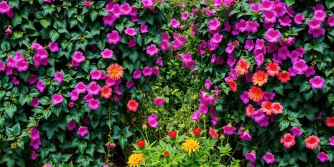 Fototapeta premium Ivy vines beautifully intertwining with vibrant flowers in a lush garden setting, harmony, vine