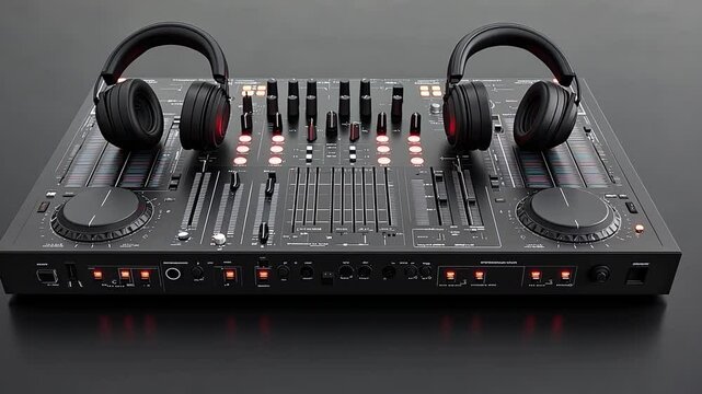 DJ Mixer and Headphones: A professional-grade DJ mixer with two pairs of headphones resting atop, suggesting a setup ready for mixing and blending music.