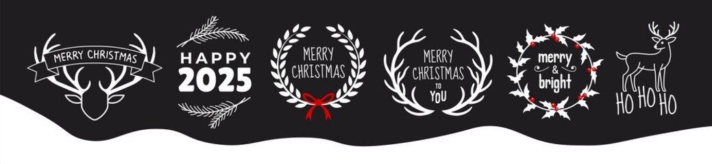 Merry Christmas, Happy New Year vector logo, emblems, text design