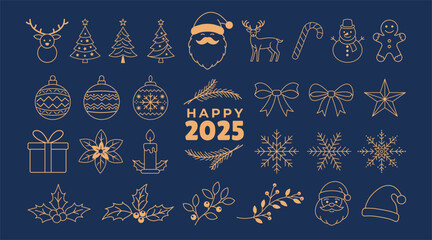 Simple Christmas and New Year 2025 golden minimalist elements and icons