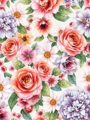 Watercolor floral pattern featuring vibrant roses, daisies, and hydrangeas, colorful