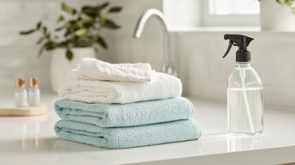 Eco-Friendly Home Cleaning Essentials: Reusable Cloth Towels and Homemade Solution on White Countertop