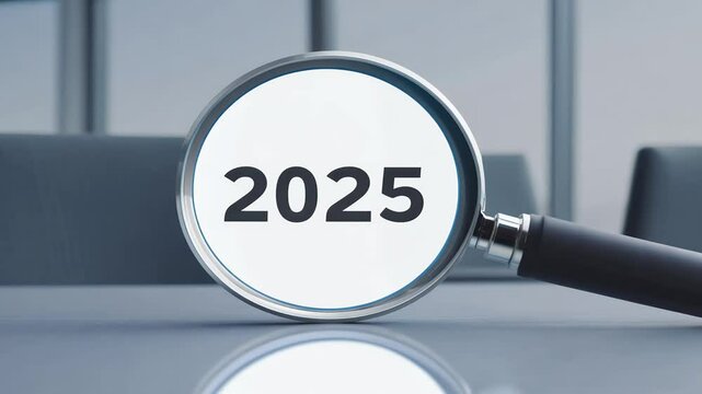 The number 2025 transitions modern magnified SEO search engine optimization concept focus digital marketing strategies new year hiring job magnifying keyword content glasses advertising