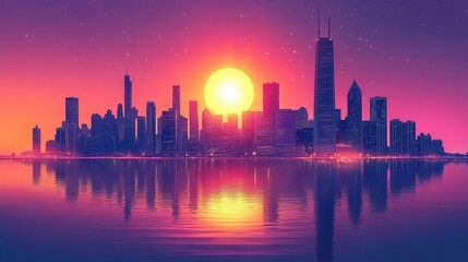 City Skyline Sunset Reflection Water Cityscape