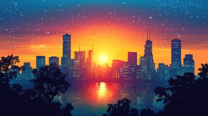 Vibrant City Skyline Sunset With Starry Night Sky