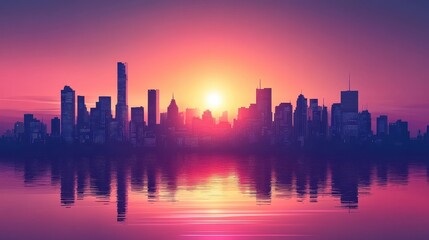 City Skyline Sunset Reflection Water Scene