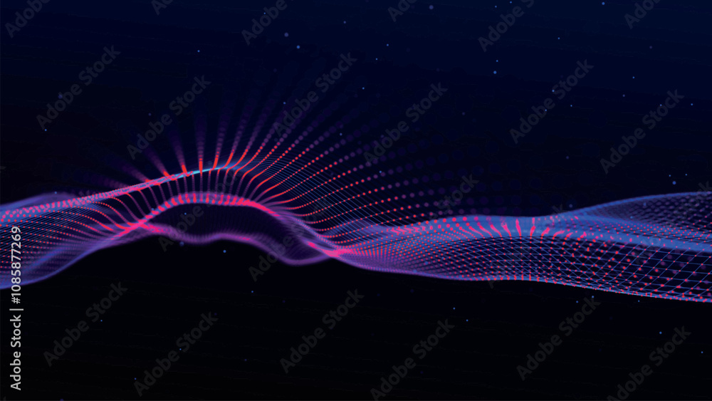 Poster futuristic point wave of particles. visualization of sound waves. dark background. technology or sci