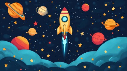 Rocket Launching Through Space Amongst Planets and Stars