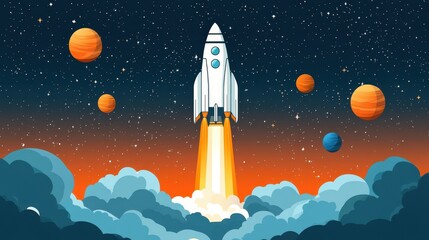 Rocket Launching Through Clouds Into Space Among Planets