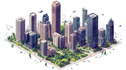 Modern Cityscape Featuring Tall Buildings and Green Spaces