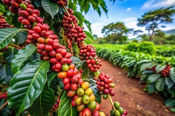 Coffee tree with coffee bean on cafe plantation in wide-angle view