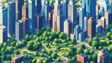 Cityscape Illustrating Skyscrapers and Urban Parkland