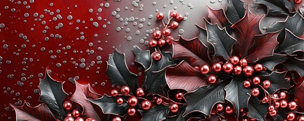 Holly leaves in negative space, dark red and silver background, rose gold berries