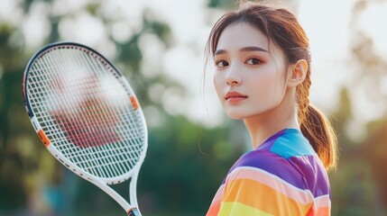 Young Woman Holding Tennis Racket in Colorful Outfit