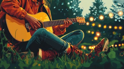 Woman Playing Acoustic Guitar Outdoors at Night